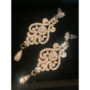 Gold-Tone Crystal Filigree Dangle Earrings With Teardrop Accents